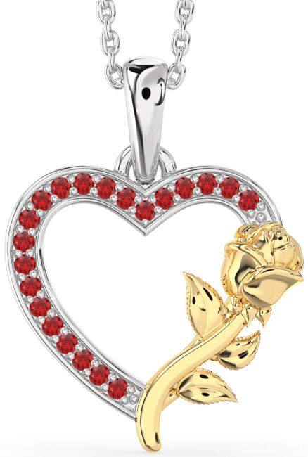 Ruby Gold Silver Heart Flower Necklace