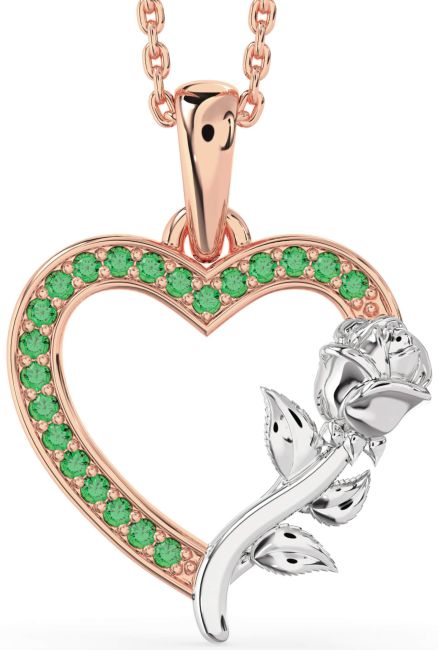 Emerald Rose Gold Silver Heart Flower Necklace
