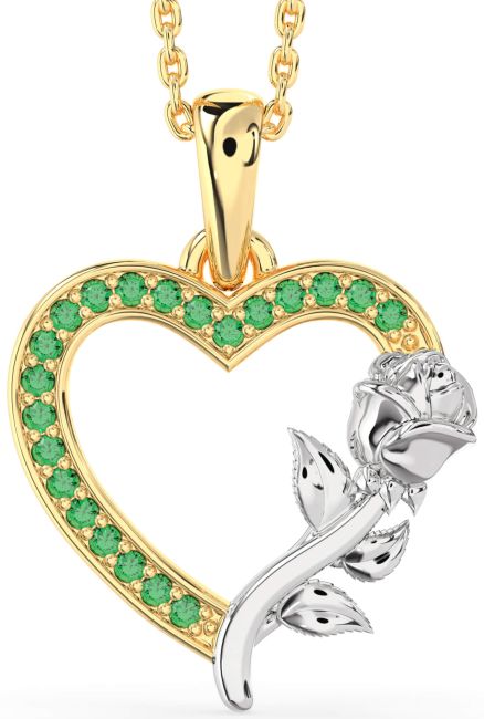 Emerald Gold Silver Heart Flower Necklace