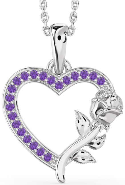 Amethyst Silver Heart Flower Necklace