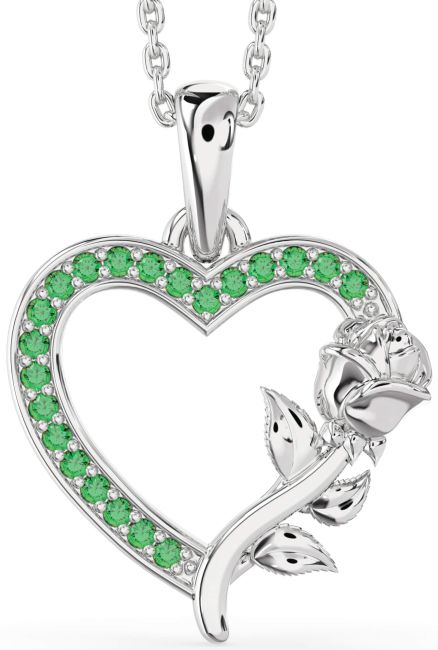 Emerald Silver Heart Flower Necklace