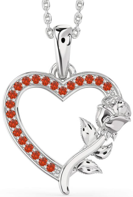 Fire Opal Silver Heart Flower Necklace