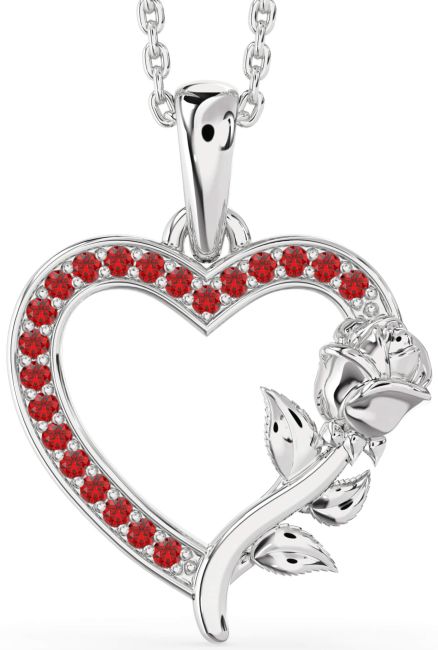Ruby Silver Heart Flower Necklace