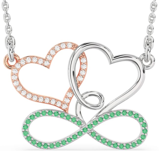 Large Emerald & Diamond Silver & 10K Rose Gold Heart Infinity Necklace