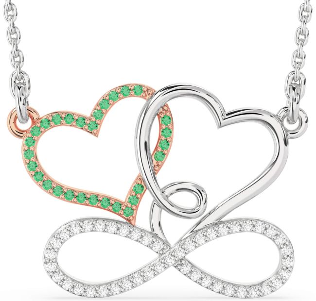Large Diamond & Emerald Silver & 10K Rose Gold Heart Infinity Necklace
