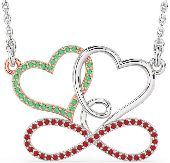 Large Emerald & Ruby White Rose Gold Heart Infinity Necklace
