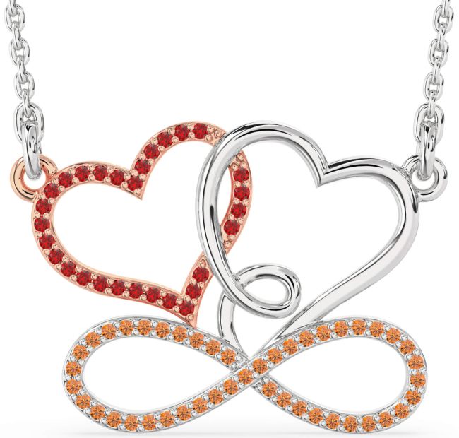 Large Ruby & Citrine Platinum & Rose Gold Heart Infinity Necklace