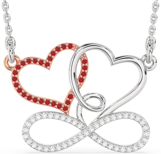 Large Diamond & Ruby Rose Gold Silver Heart Infinity Necklace
