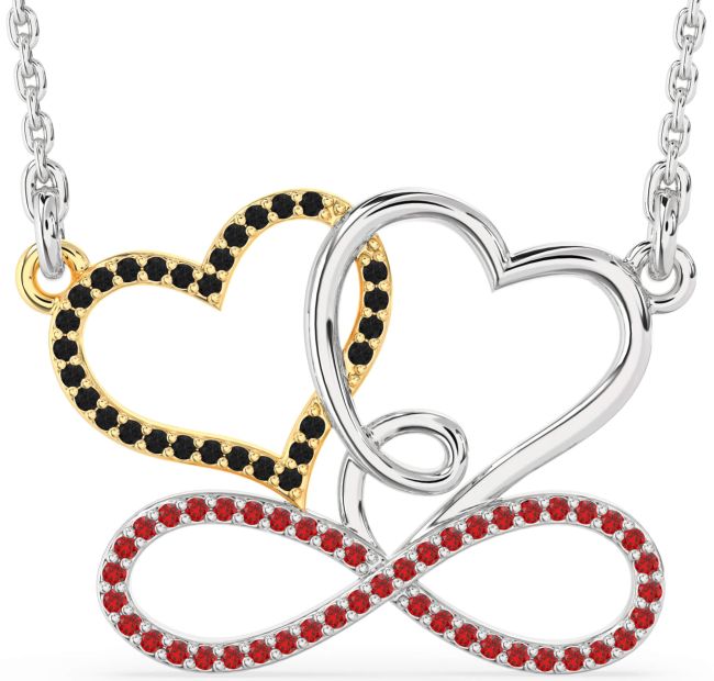Large Black Diamond & Ruby Gold Silver Heart Infinity Necklace