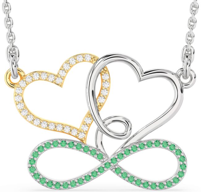 Large Emerald & Diamond Silver & 10K gold Heart Infinity Necklace
