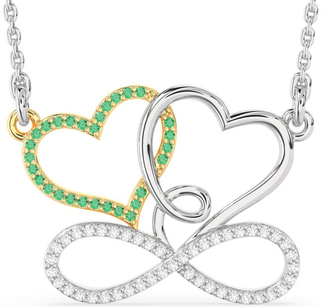 Large Diamond & Emerald Silver & 10K gold Heart Infinity Necklace