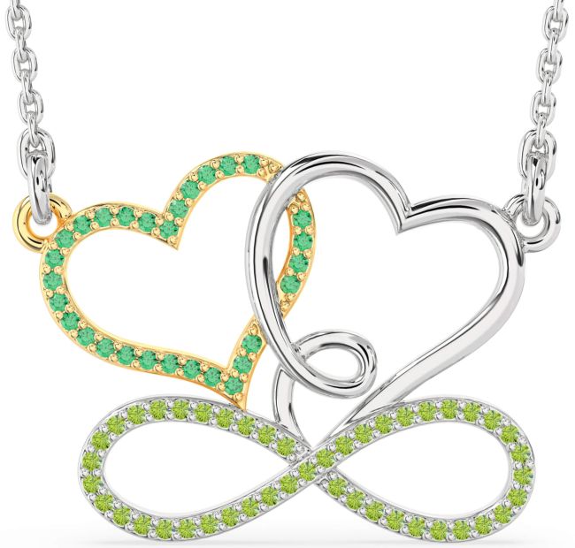 Large Emerald & Peridot Gold Silver Heart Infinity Necklace