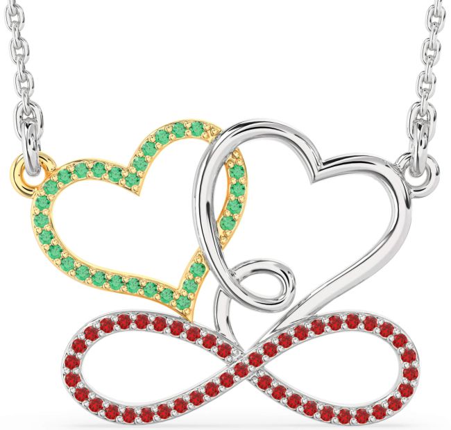 Large Emerald & Ruby Gold Silver Heart Infinity Necklace