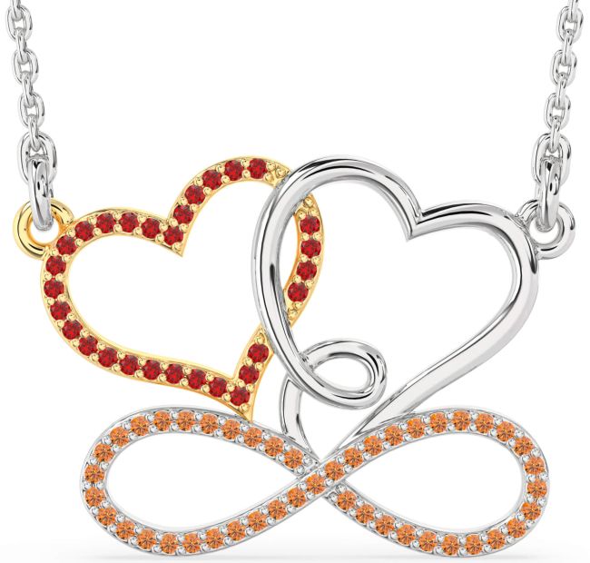 Large Ruby & Citrine Gold Silver Heart Infinity Necklace