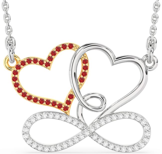 Large Diamond & Ruby Gold Silver Heart Infinity Necklace
