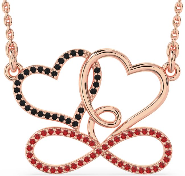 Large Black Diamond & Ruby Rose Gold Heart Infinity Necklace