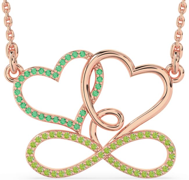 Large Emerald & Peridot Rose Gold Heart Infinity Necklace