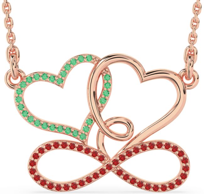 Large Emerald & Ruby Rose Gold Heart Infinity Necklace
