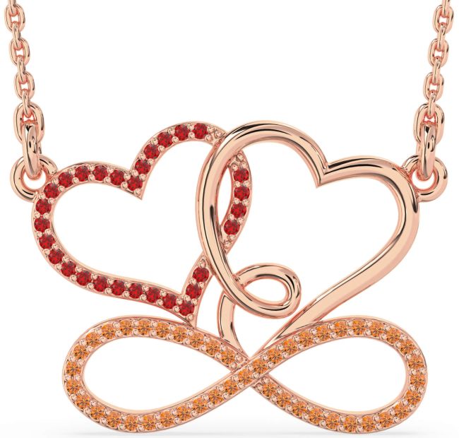 Large Ruby & Citrine Rose Gold Heart Infinity Necklace