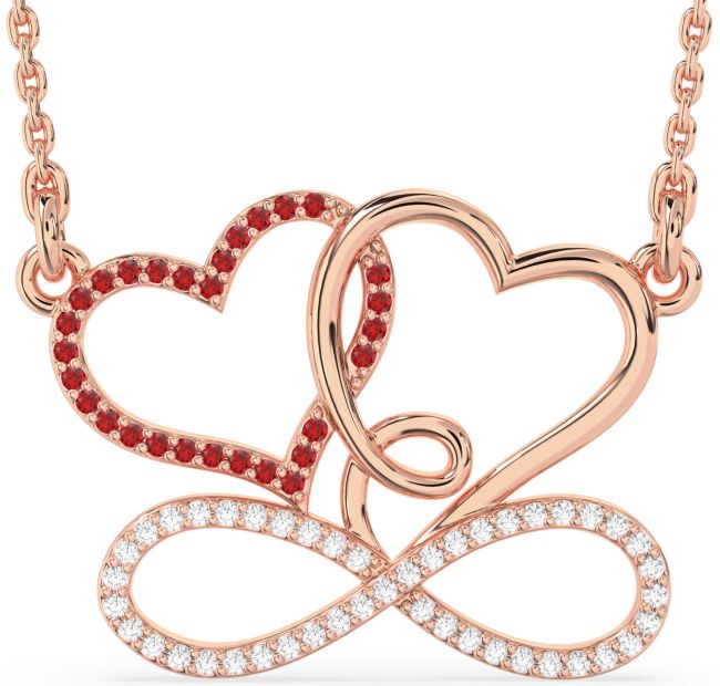 Large Diamond & Ruby Rose Gold Heart Infinity Necklace