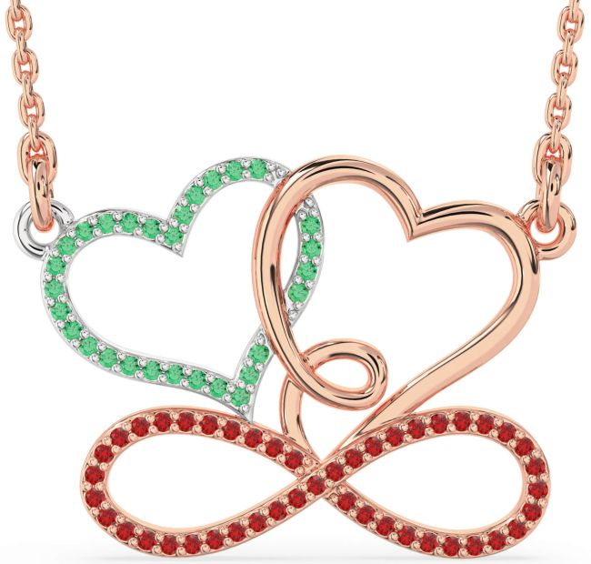 Large Emerald & Ruby Rose Gold Silver Heart Infinity Necklace