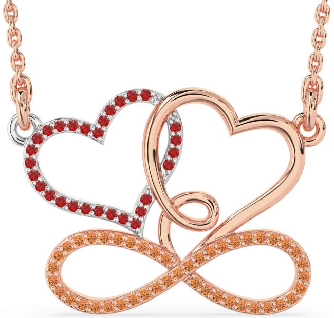 Large Ruby & Citrine Rose Gold Silver Heart Infinity Necklace