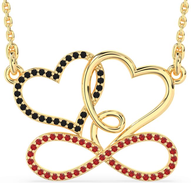 Large Black Diamond & Ruby Gold Heart Infinity Necklace