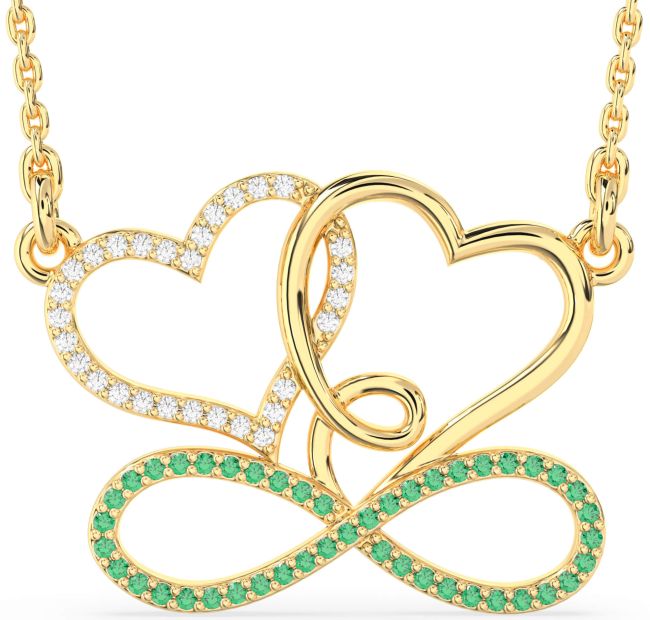 Large Emerald & Diamond Gold Heart Infinity Necklace