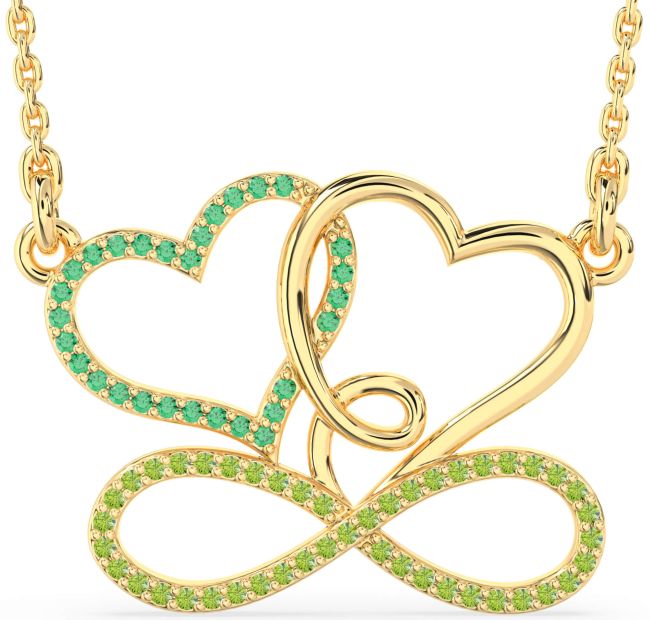 Large Emerald & Peridot Gold Heart Infinity Necklace
