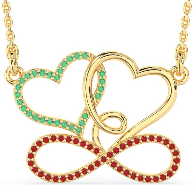 Large Emerald & Ruby Gold Heart Infinity Necklace