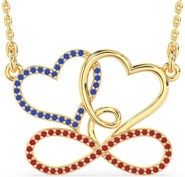 Large Blue Sapphire & Ruby Gold Heart Infinity Necklace