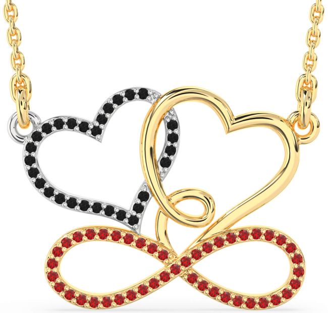 Large Black Diamond & Ruby Gold Silver Heart Infinity Necklace