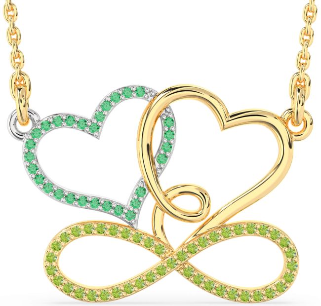 Large Emerald & Peridot Gold Silver Heart Infinity Necklace