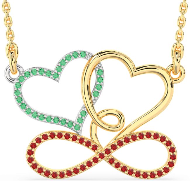 Large Emerald & Ruby Gold Silver Heart Infinity Necklace