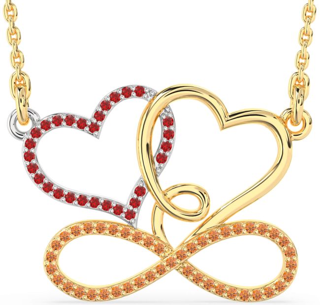 Large Ruby & Citrine Gold Silver Heart Infinity Necklace