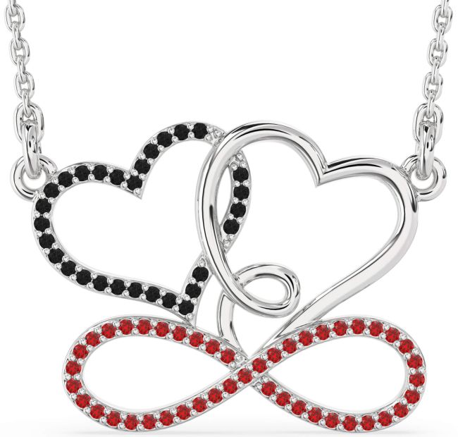 Large Black Diamond & Ruby Silver Heart Infinity Necklace