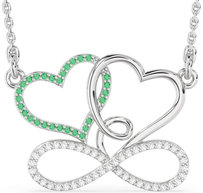 Large Diamond & Emerald Platinum Heart Infinity Necklace