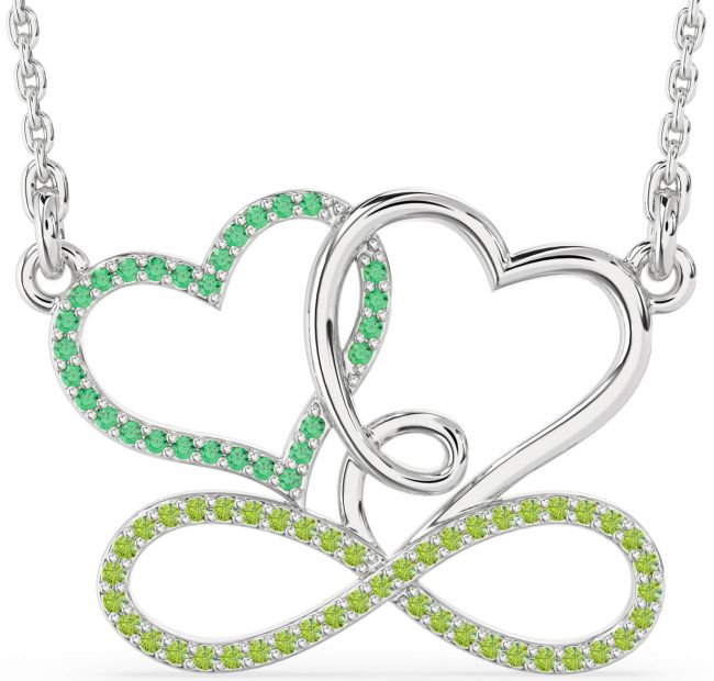 Large Emerald & Peridot Silver Heart Infinity Necklace