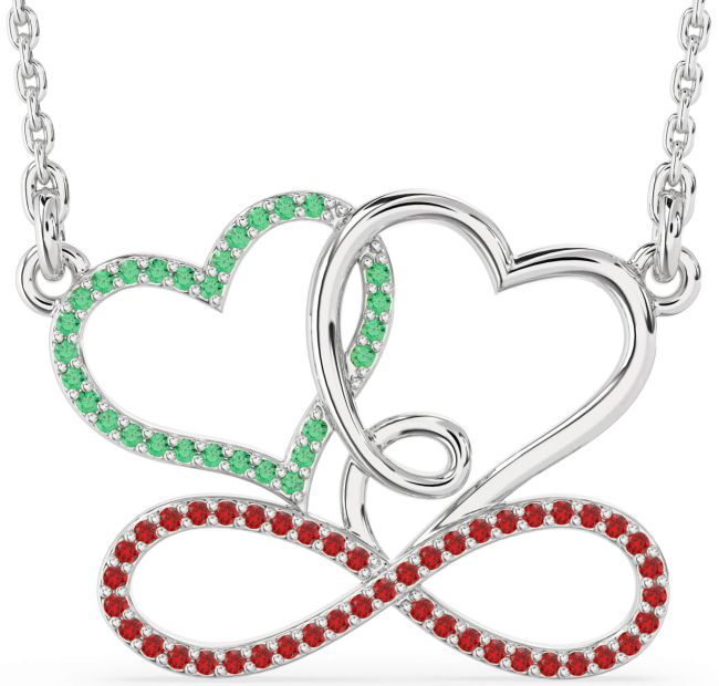 Large Emerald & Ruby Platinum Heart Infinity Necklace