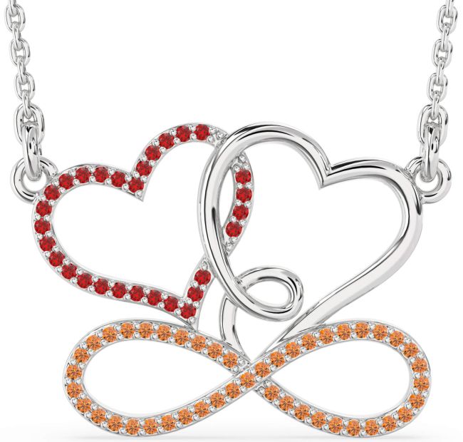 Large Ruby & Citrine Silver Heart Infinity Necklace