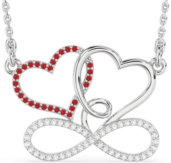 Large Diamond & Ruby Silver Heart Infinity Necklace