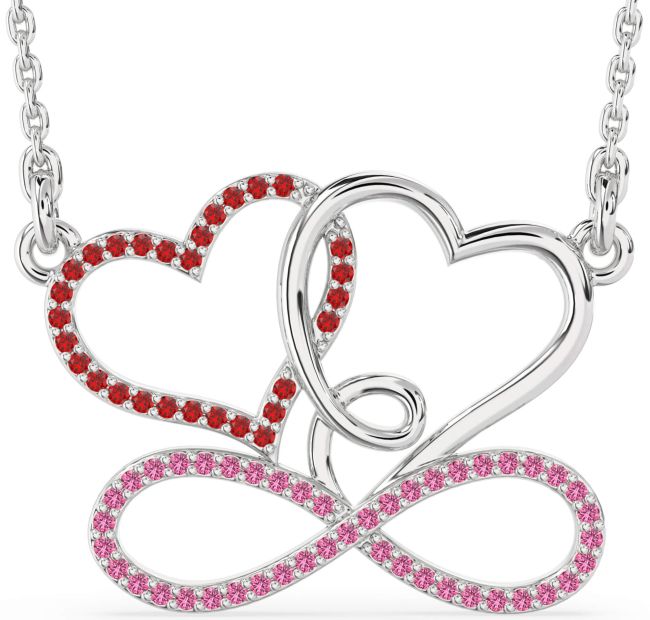 Large Ruby & Pink Sapphire Platinum Heart Infinity Necklace