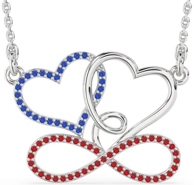 Large Blue Sapphire & Ruby Silver Heart Infinity Necklace