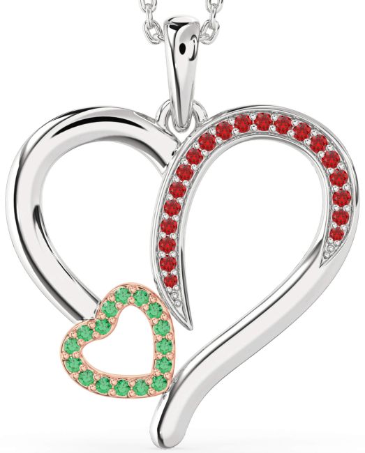 Large Emerald & Ruby Silver & 10K Rose Gold Heart Necklace