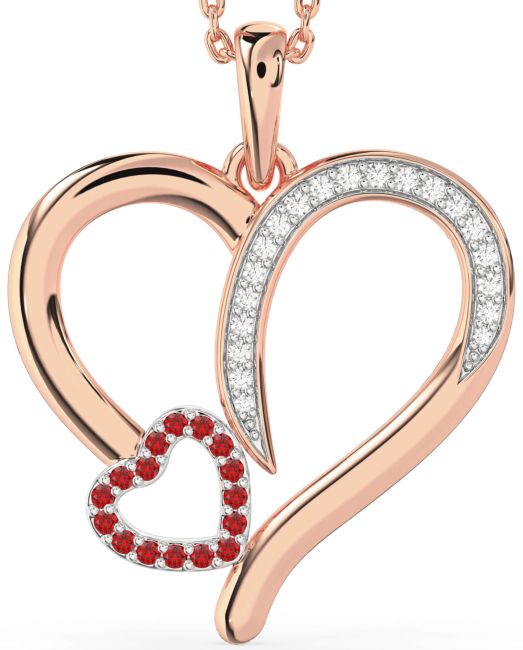 Large Diamond & Ruby Platinum & Rose Gold Heart Necklace