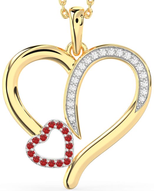 Large Diamond & Ruby Gold Silver Heart Necklace