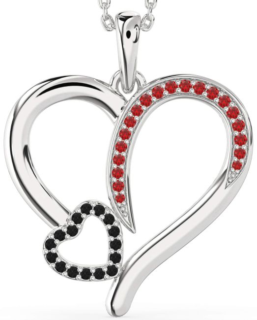 Large Black Diamond & Ruby Platinum Heart Necklace