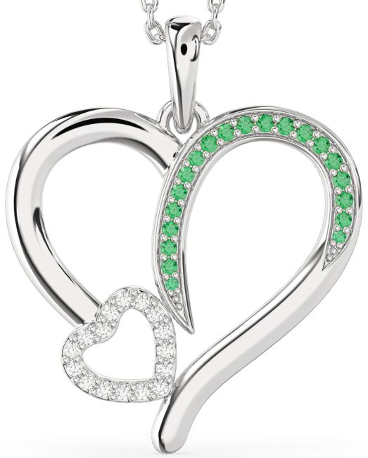 Large Emerald & Diamond Platinum Heart Necklace