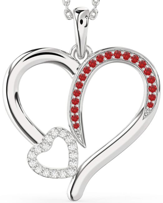 Large Diamond & Ruby Platinum Heart Necklace