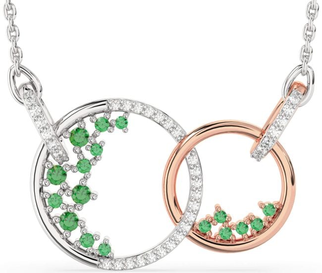 Large Diamond Emerald Rose Gold Silver Circle Interlock Necklace